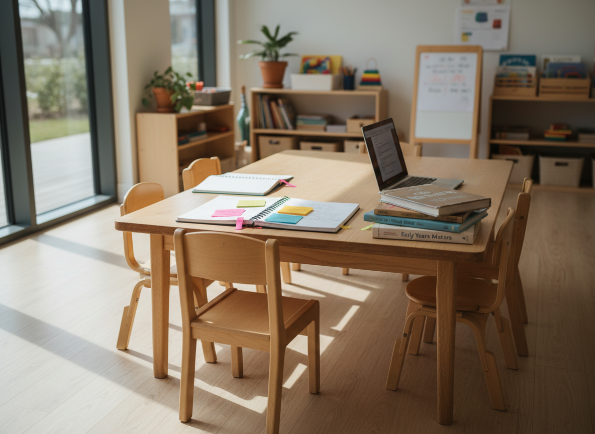 A sunlit early childhood classroom coaching space with a large, natural wood table at the center, covered with neatly organized coaching materials: open notebooks, colorful sticky notes, a slim laptop, and a stack of well-worn education books with visible page markers. Around the table are a variety of child-sized wooden chairs pushed back slightly, suggesting recent use. Floor-to-ceiling windows reveal soft daylight pouring in, casting gentle, natural shadows on the polished floor and creating a calm, focused atmosphere. Shot at eye level in photographic realism, with a clean, modern aesthetic and shallow depth of field that keeps the table in crisp focus while the shelves of learning materials in the background blur softly, conveying professional yet warm early childhood education coaching.