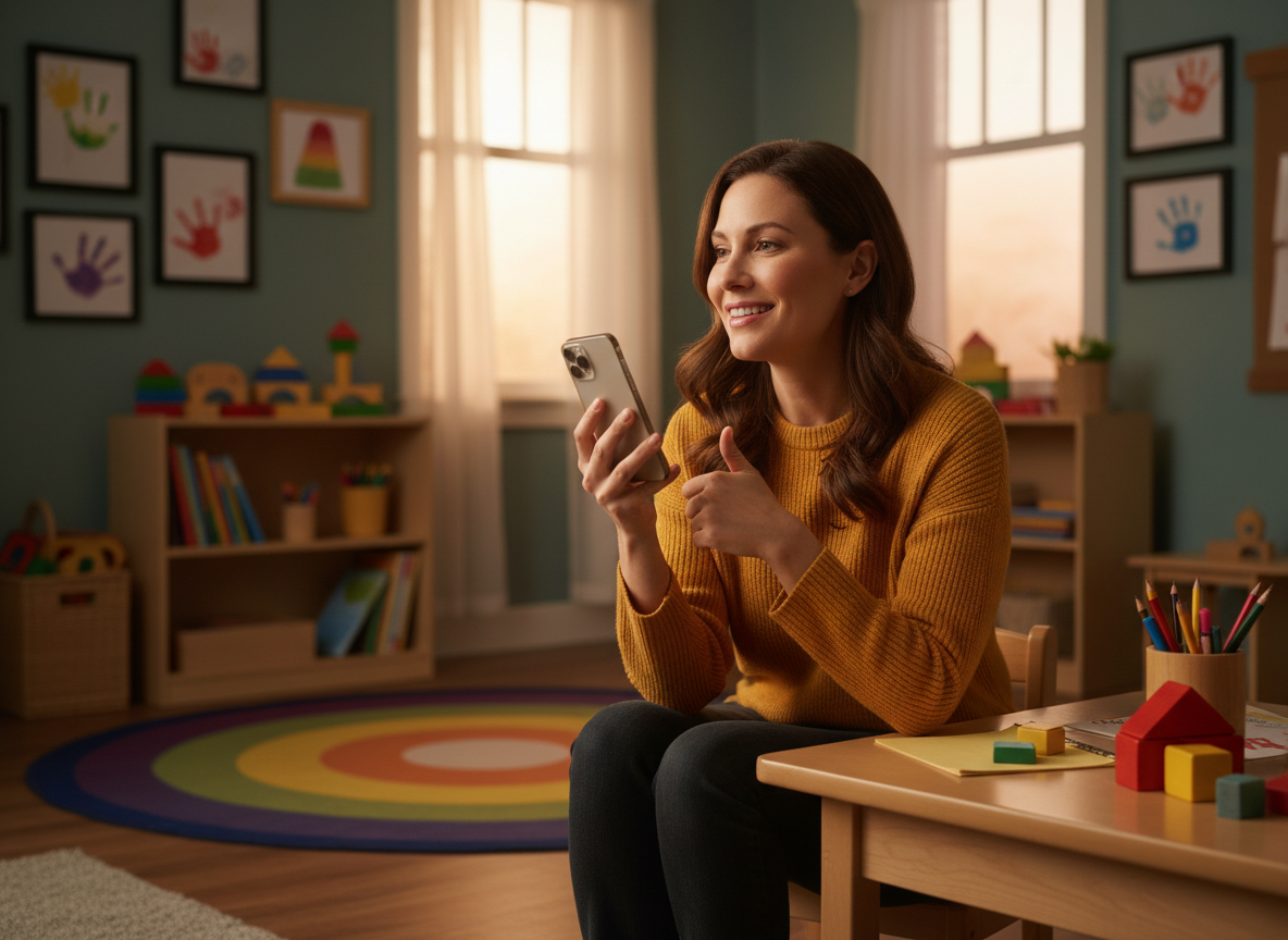 A teacher recording a personal voice note for a family after school