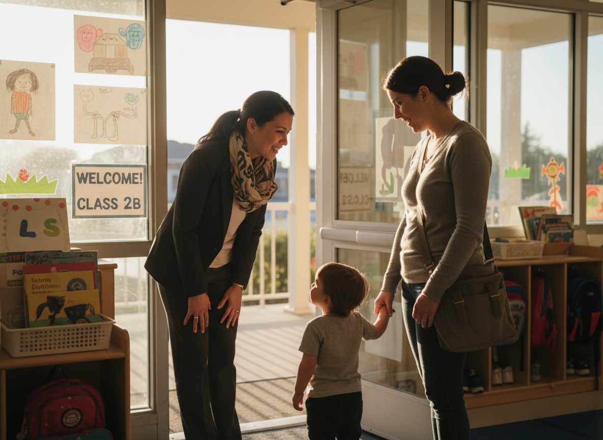 A teacher having a warm conversation with a family at pickup