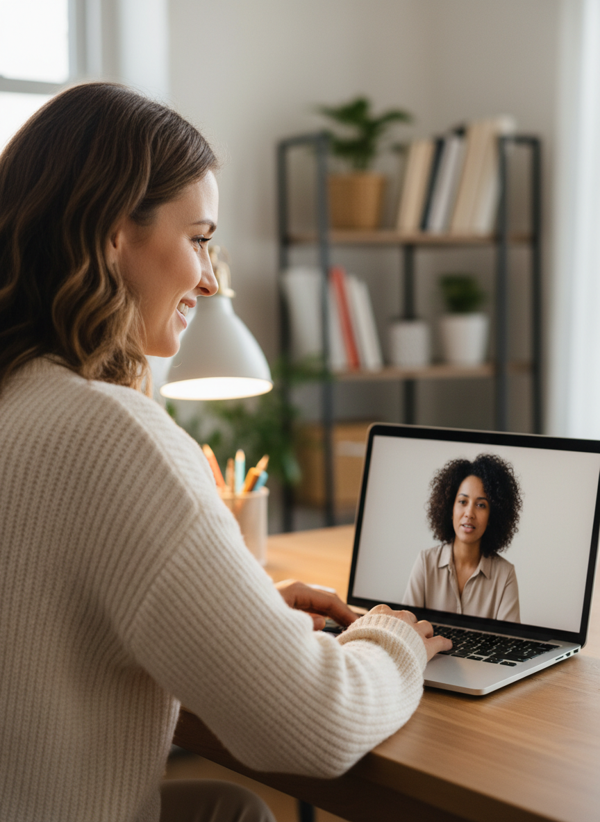 A warm coaching session between two women over a video call, one seated at a tidy desk smiling at her laptop screen, conveying trust, connection, and professional support.