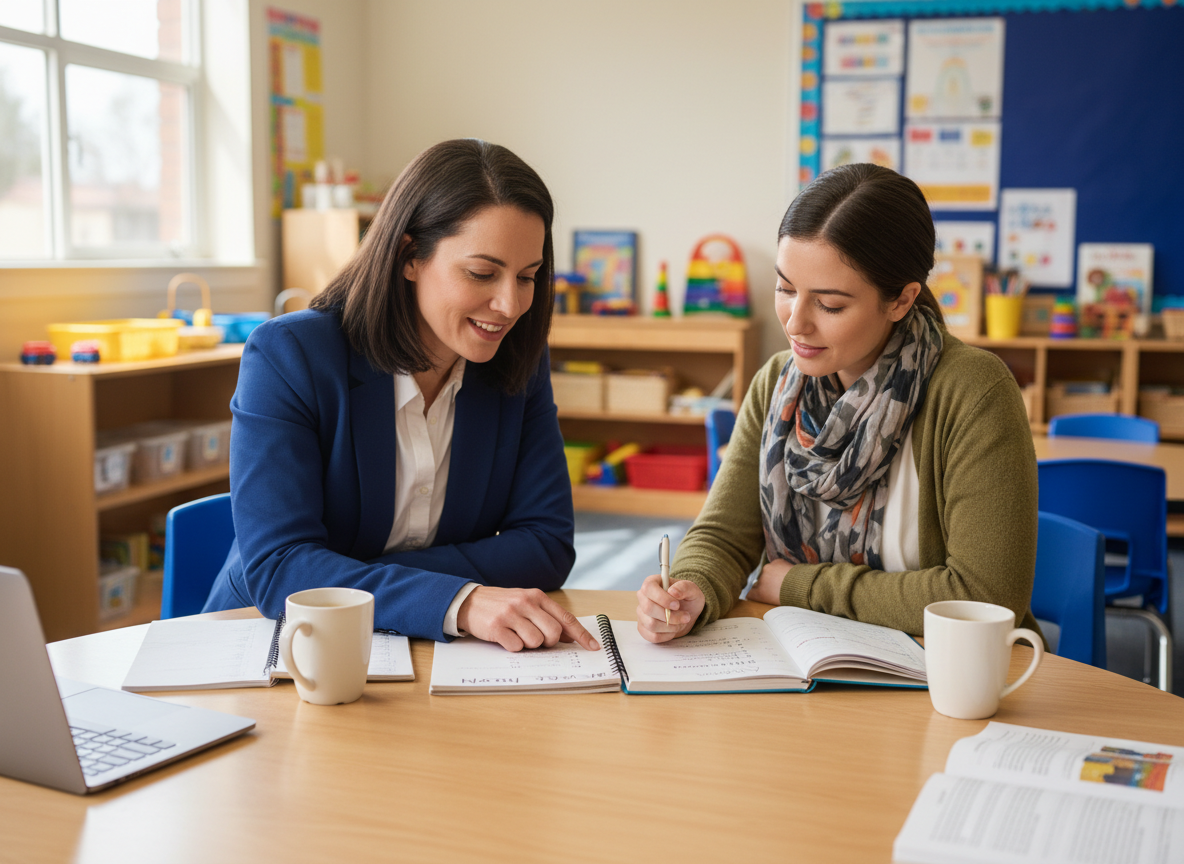 A professional early childhood education coach and a teacher sitting together at a table, collaborating on a written action plan. The coach is pointing at a document or notebook while the teacher listens attentively. Warm, professional setting — perhaps a classroom or office. Natural lighting, realistic style.
