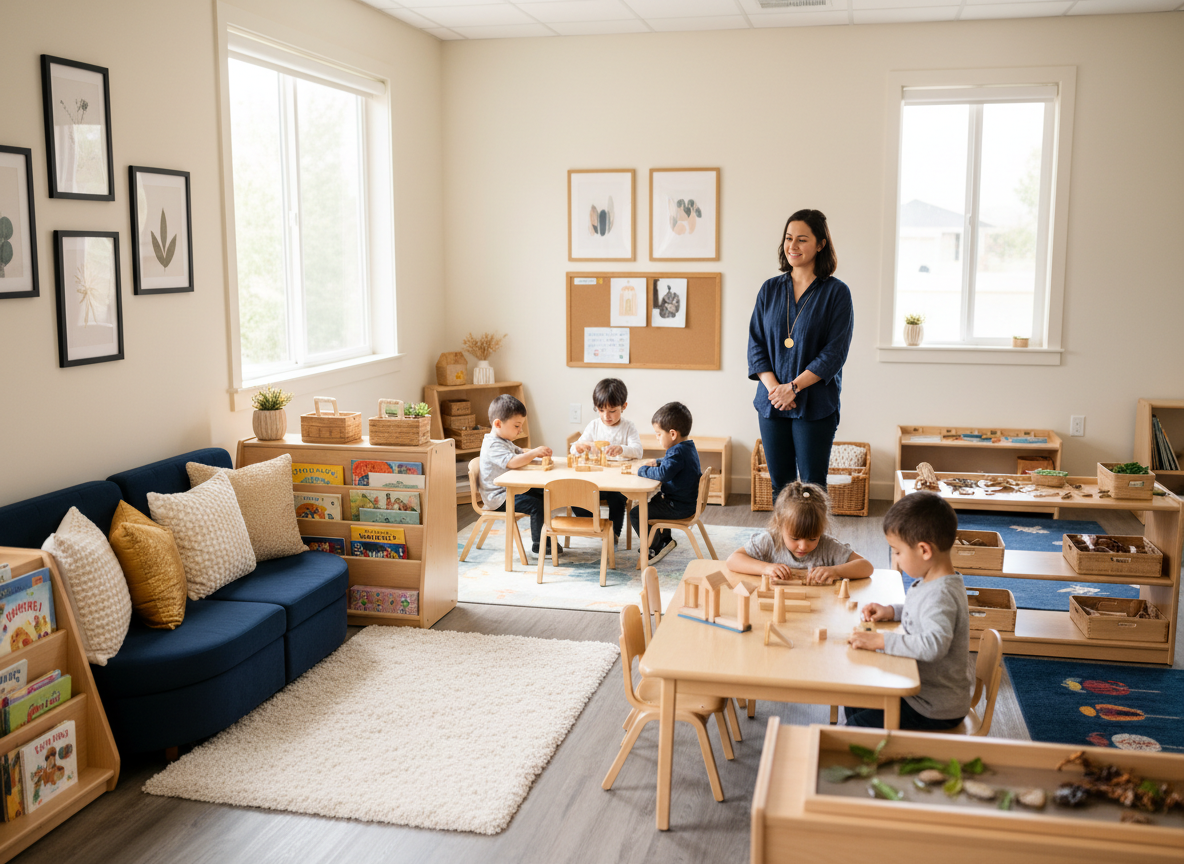 A warm, well-organized early childhood classroom with clearly defined activity zones, cozy reading corner, and a calm educator observing children at play.