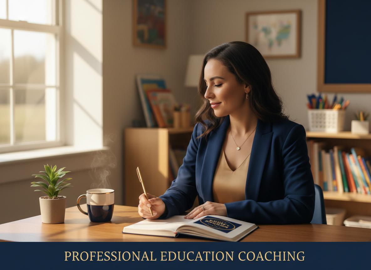 A confident early childhood educator in a quiet moment of reflection with a journal, warm morning light streaming in.