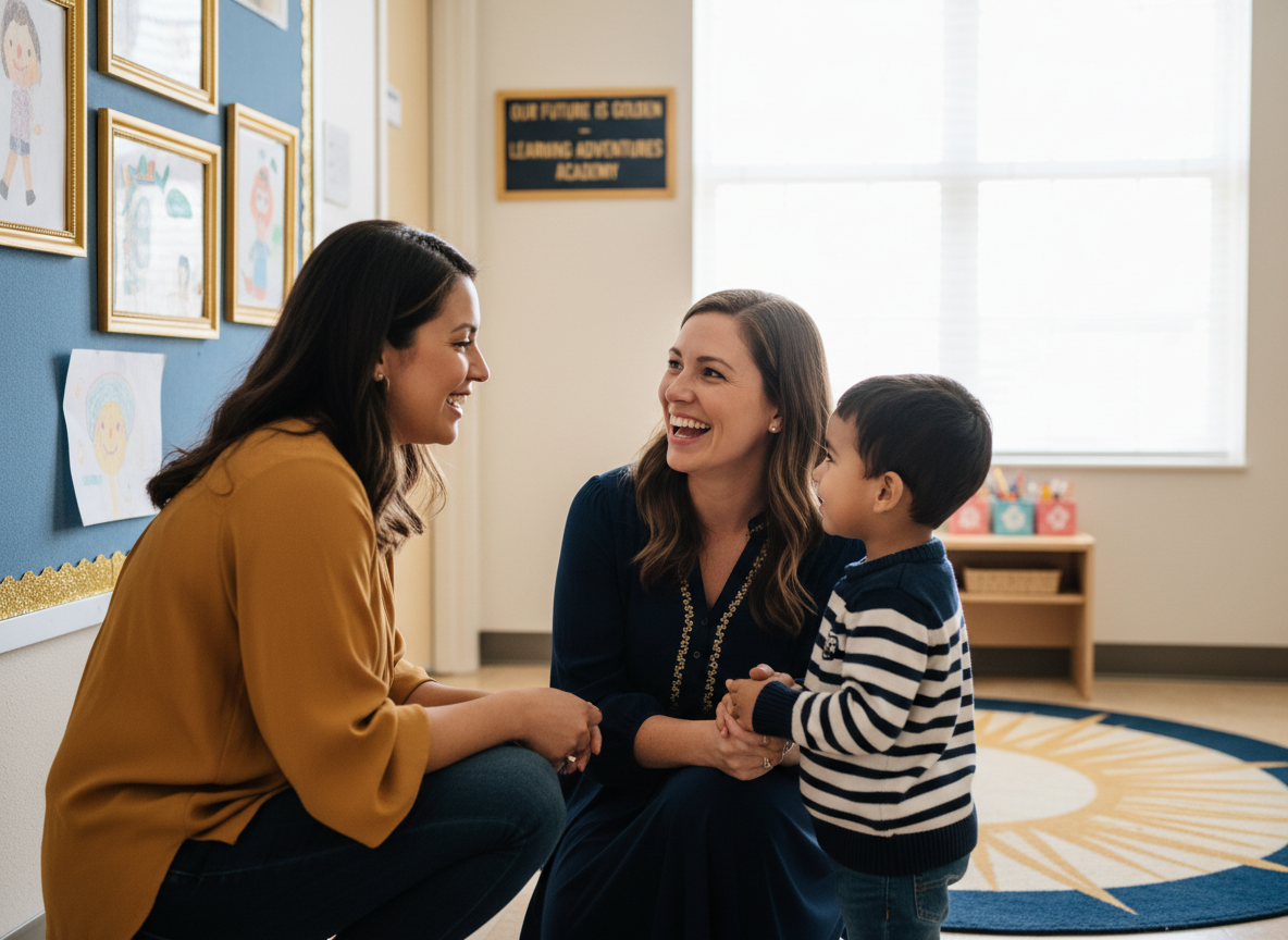 A warm, genuine moment between an early childhood educator and a parent at school pickup, the teacher kneeling to the child's level.