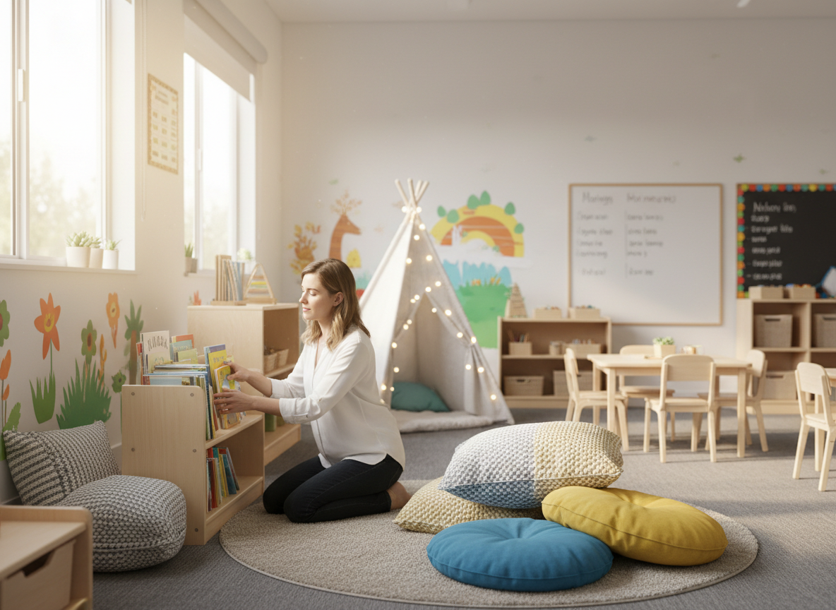 A warm, organized early childhood classroom in the morning before students arrive.