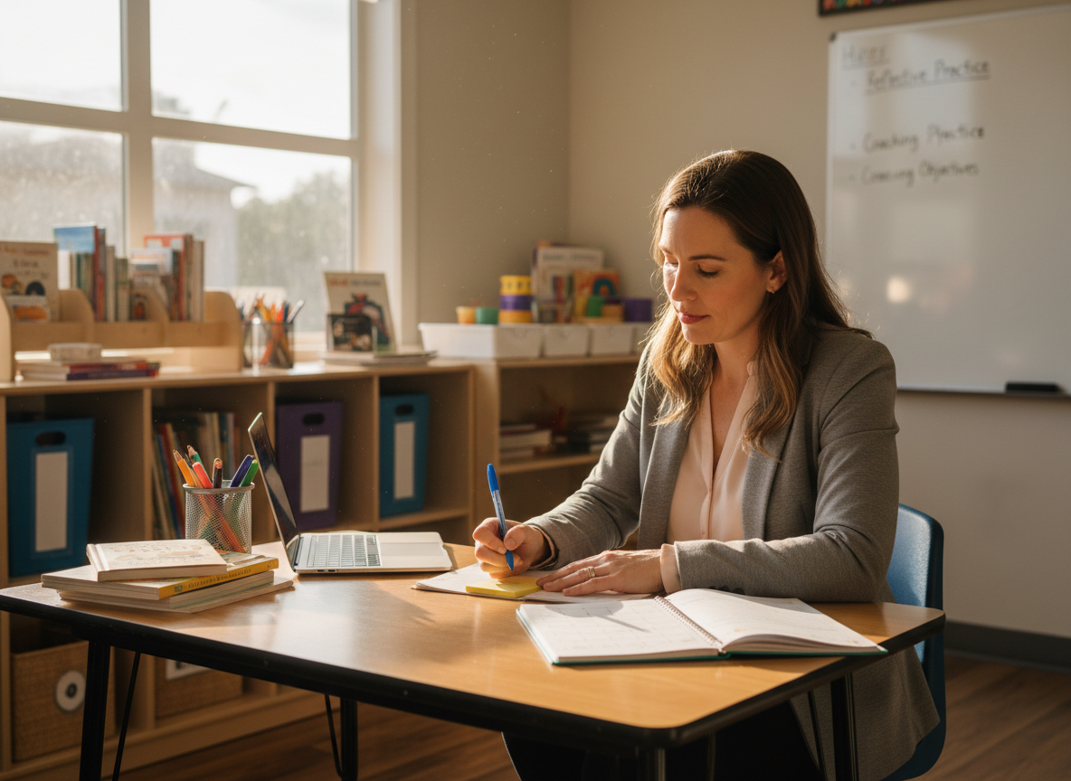 A professional early childhood educator writing reflective notes at the end of the school day.