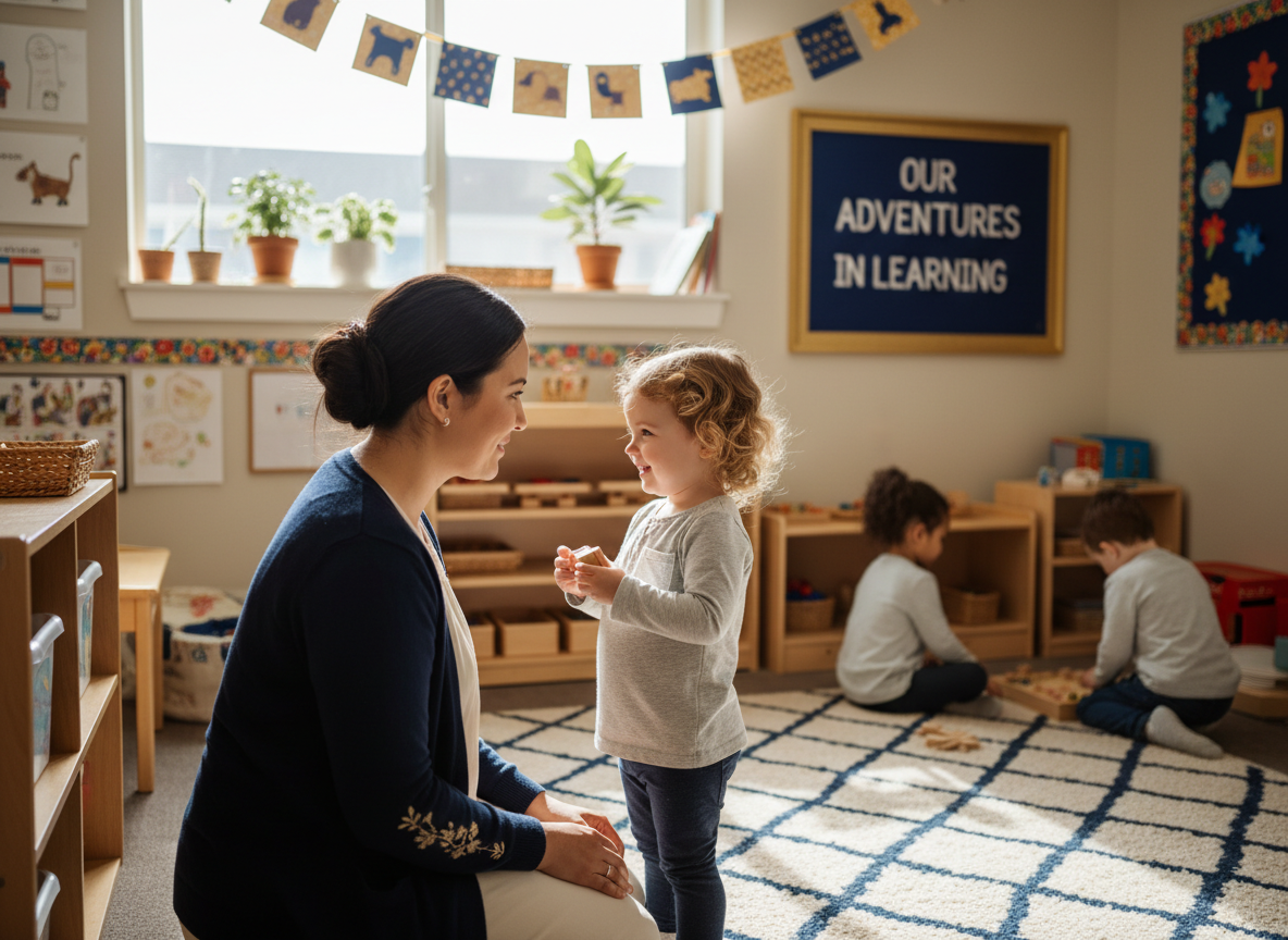 An educator kneeling to a child's level with a calm, compassionate expression in a preschool classroom