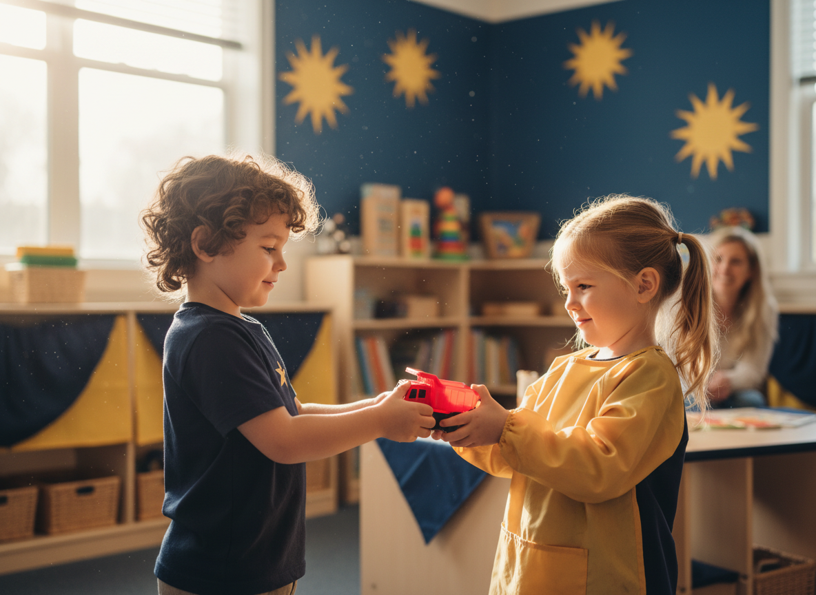 Two young children in a preschool classroom, one handing a toy truck to the other in a moment of resolution and sharing