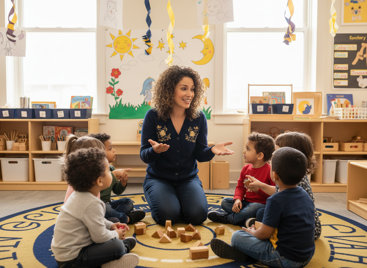 A confident early childhood educator smiling and engaging with young children in a bright classroom
