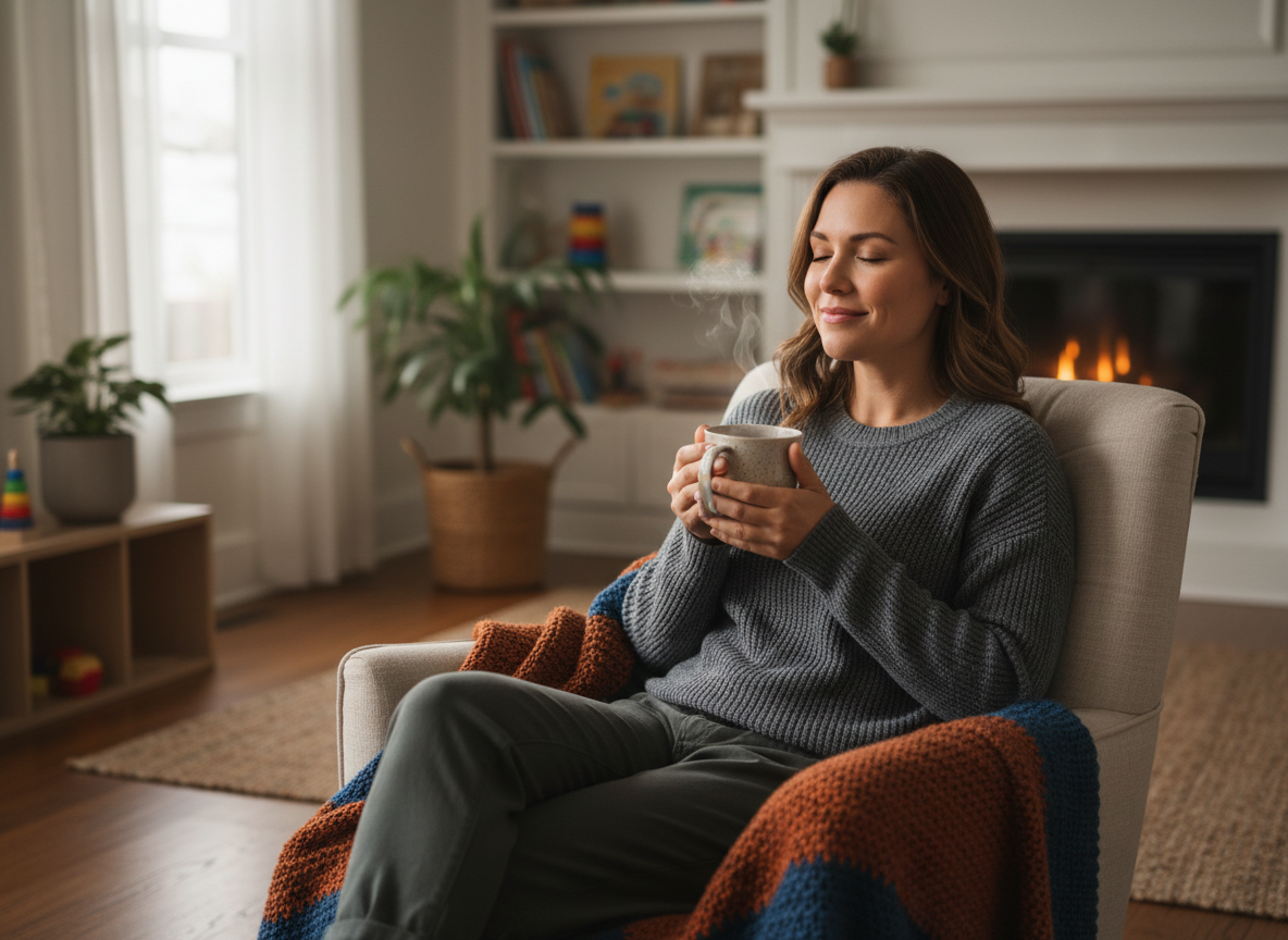 A woman relaxing at home with a cup of tea after a long week as a director