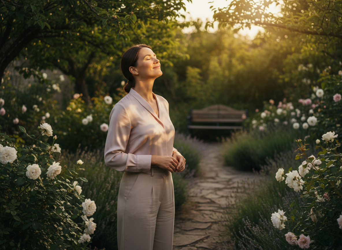 A woman stepping outside to breathe and reset after a busy work week
