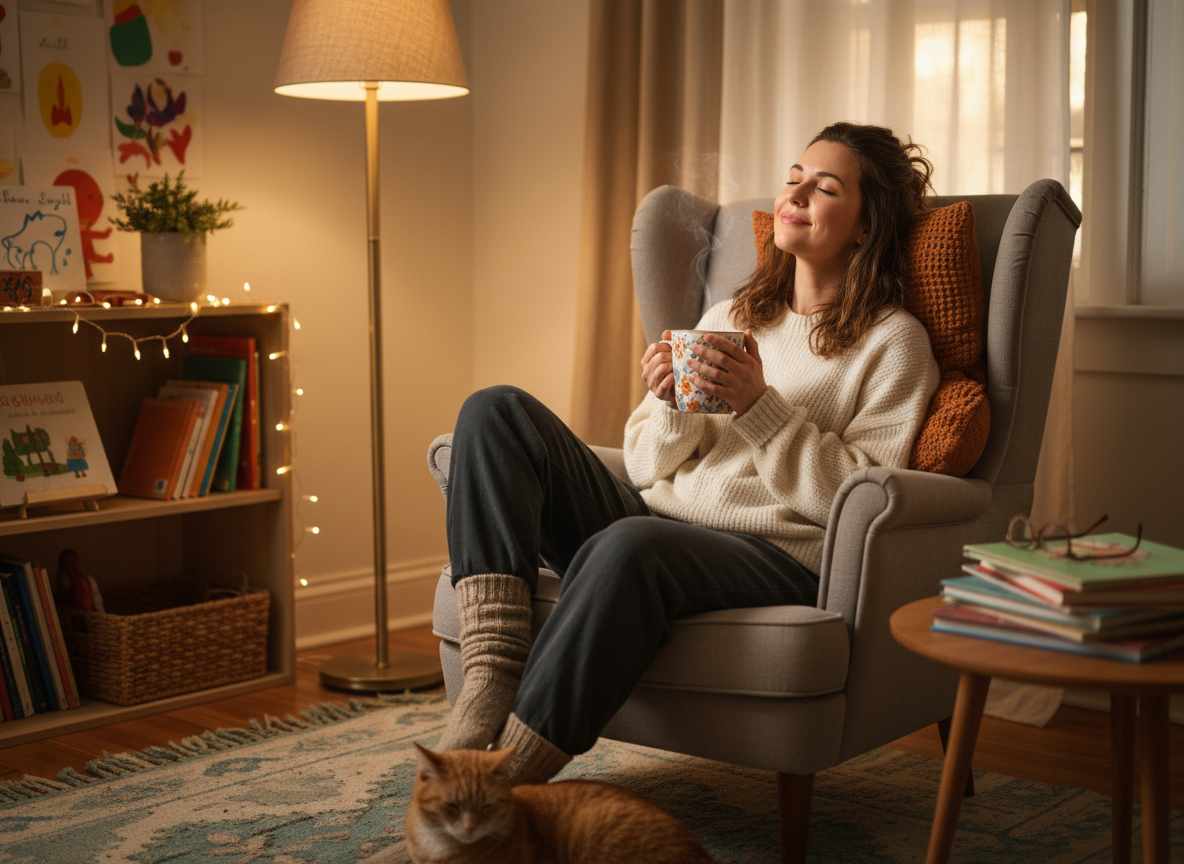 Teacher relaxing at home with a cup of tea after work