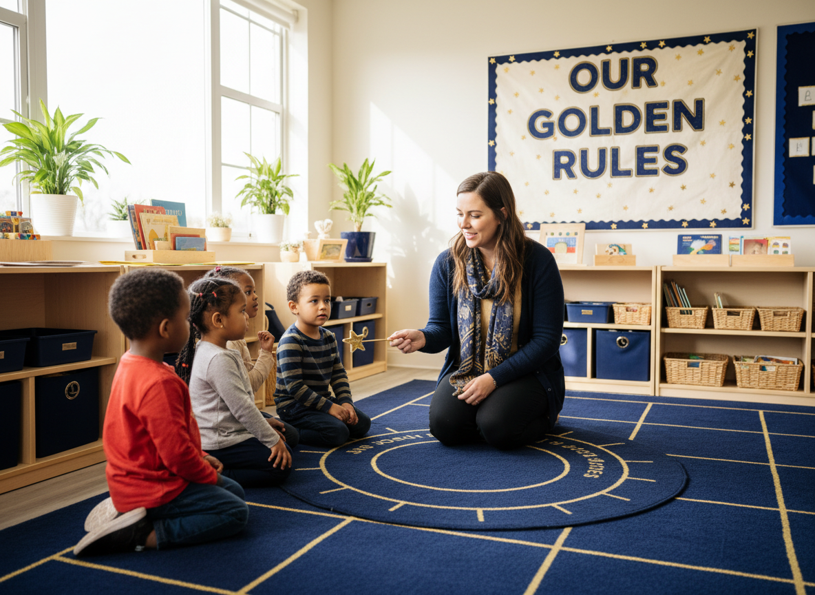 A warm, professional classroom scene showing a calm early childhood teacher gently guiding a group of young preschool students during a transition.