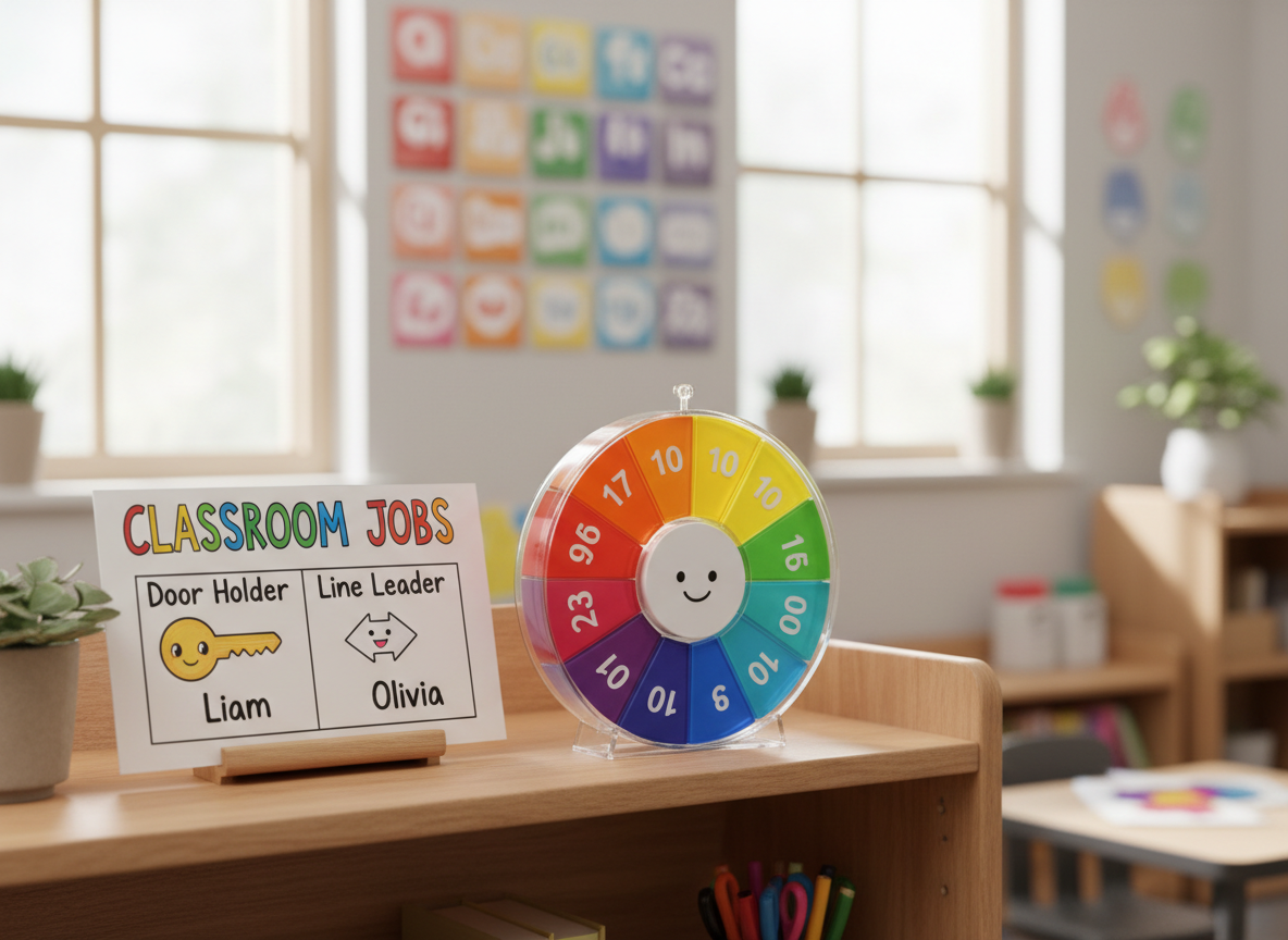 A colorful visual countdown timer on a classroom shelf next to classroom job signs for Door Holder and Line Leader.
