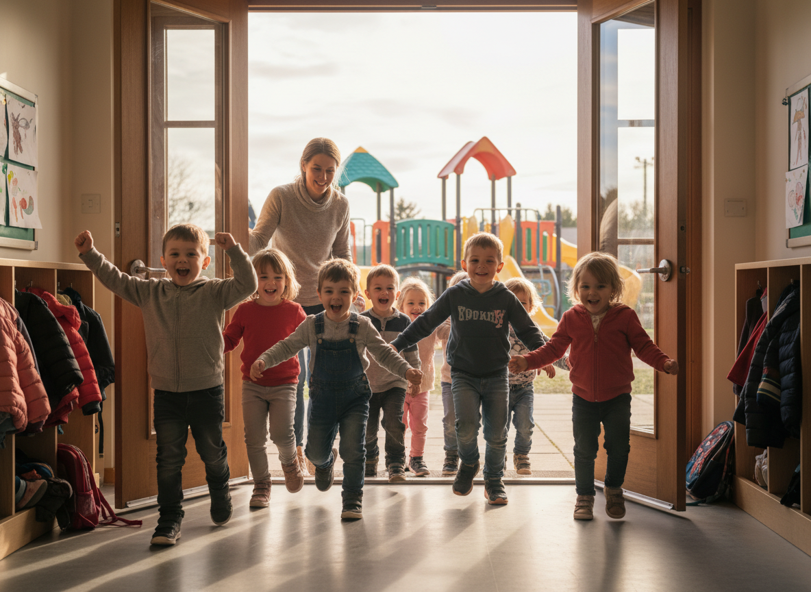 Happy preschool children heading outside to a playground, laughing and celebrating while a teacher holds the door open for them.