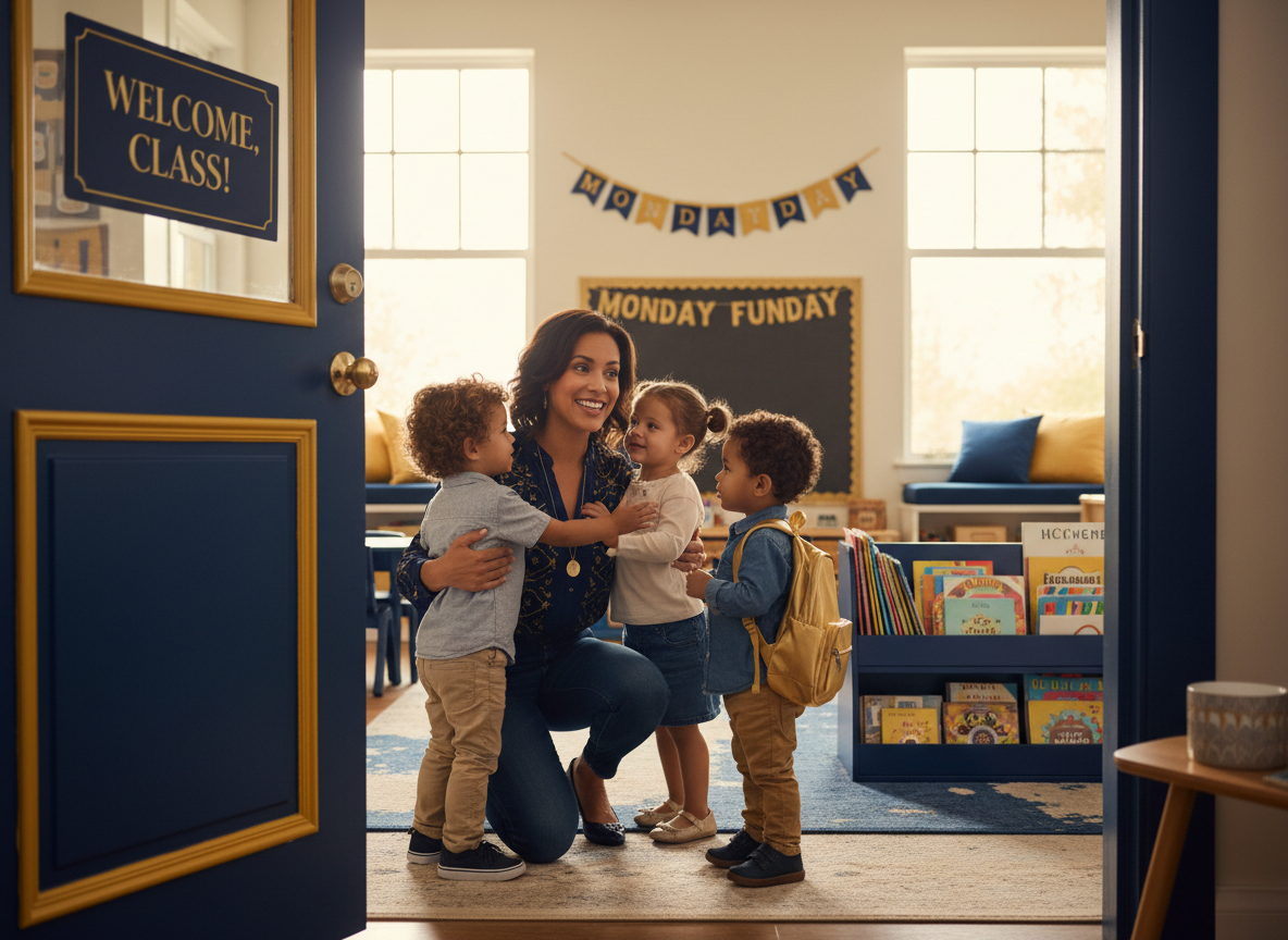 An early childhood educator warmly greeting young children at the classroom door on a Monday morning.