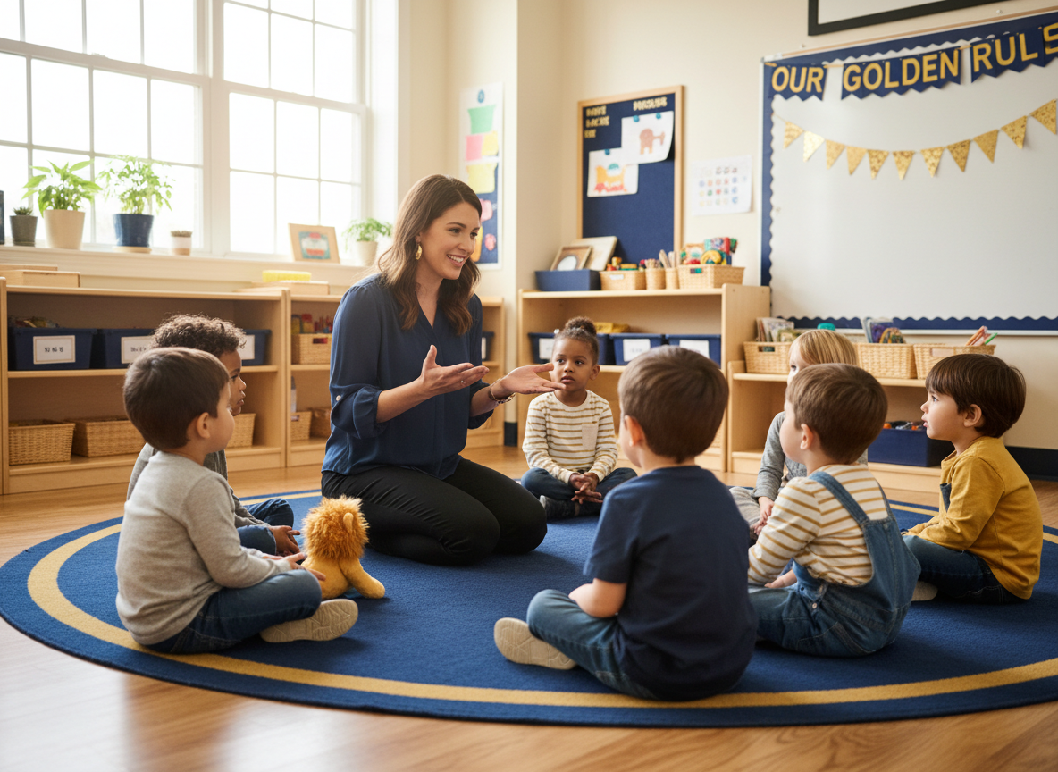 Young children in an early childhood classroom practicing a daily routine with their teacher.