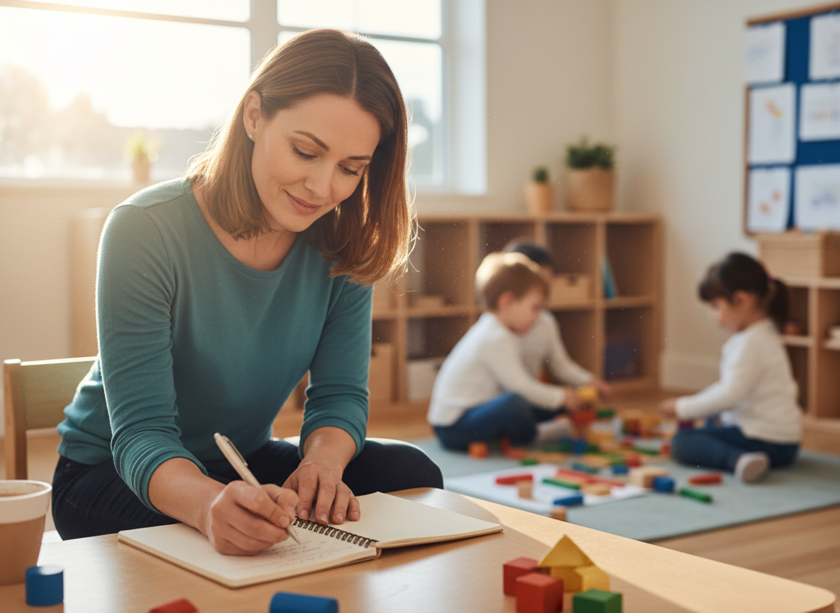 Early childhood teacher seated at a classroom table, writing observational notes while children engage in play nearby.