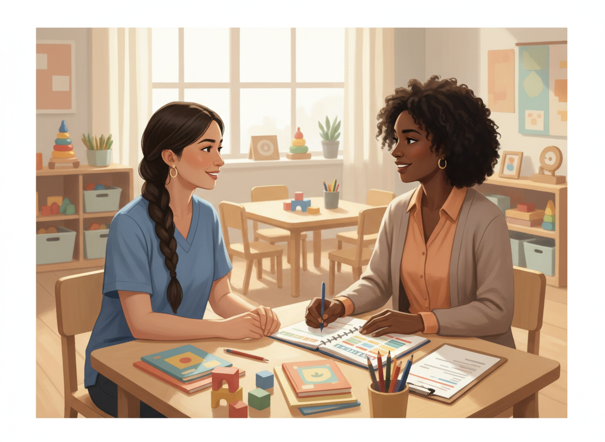 Childcare director and educator having a calm planning conversation with a weekly schedule and classroom materials.