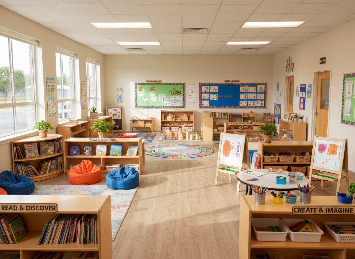 A thoughtfully arranged preschool classroom with clear activity areas and open pathways