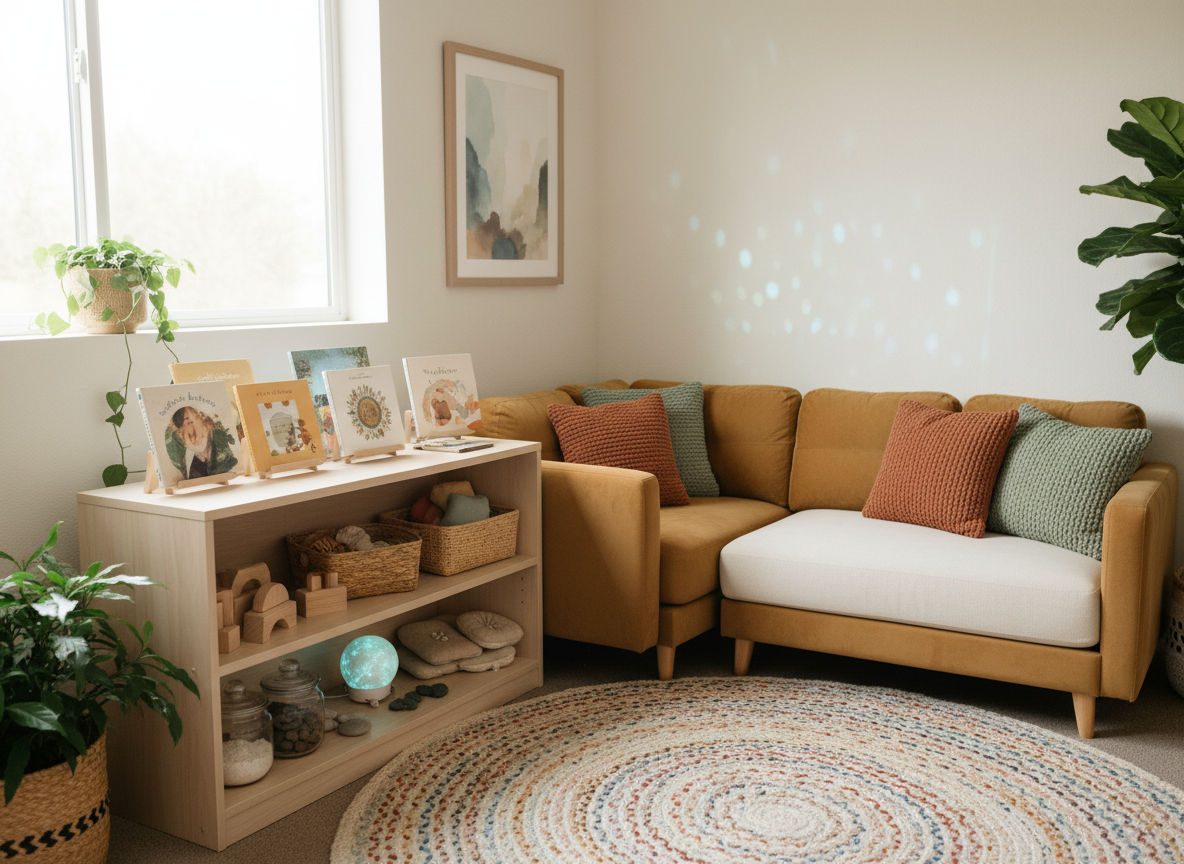 A calm, uncluttered classroom corner with sensory-friendly design and soft seating