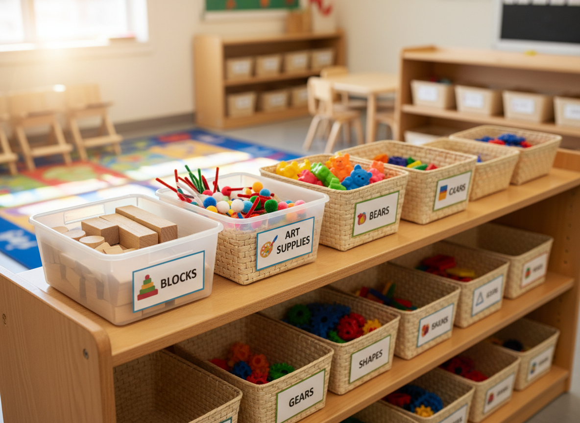 Organized, accessible classroom materials with labeled bins on low open shelves