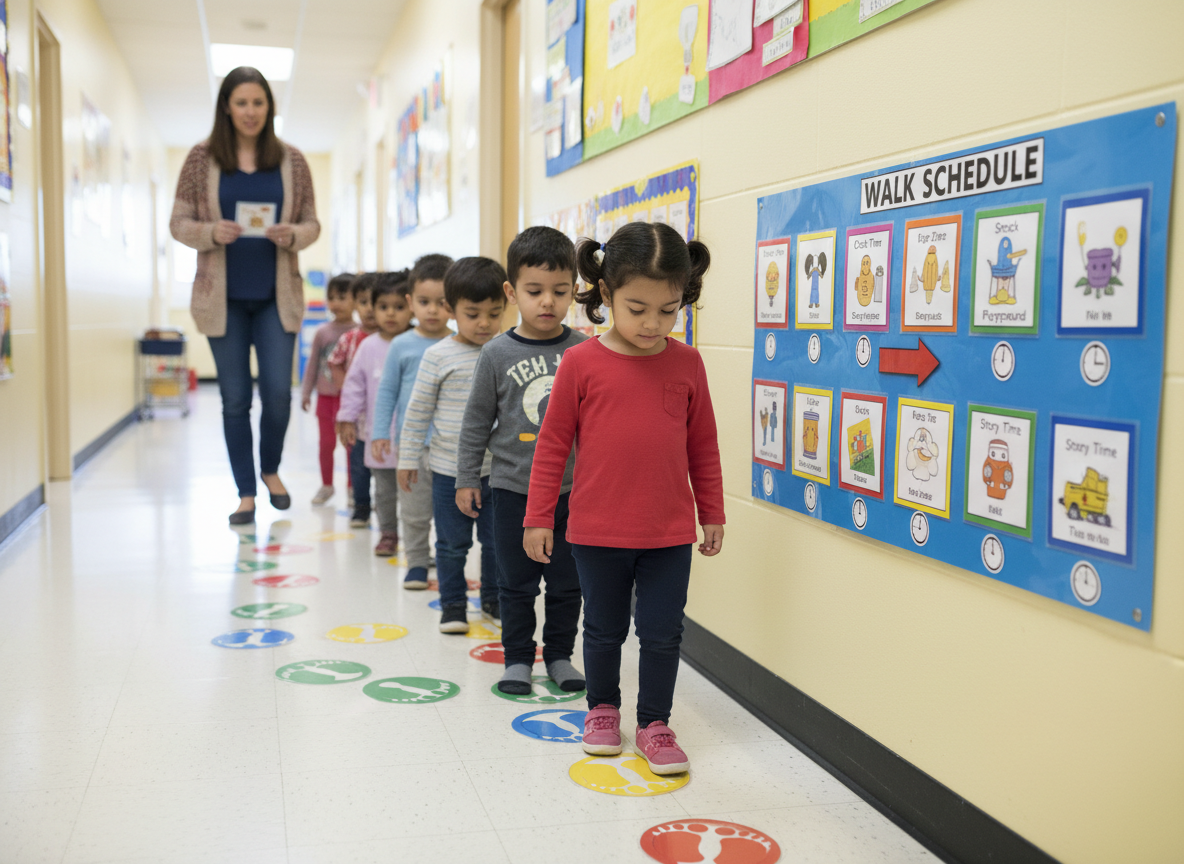 Children moving through a predictable classroom transition with visual cue floor markers and a picture schedule on the wall