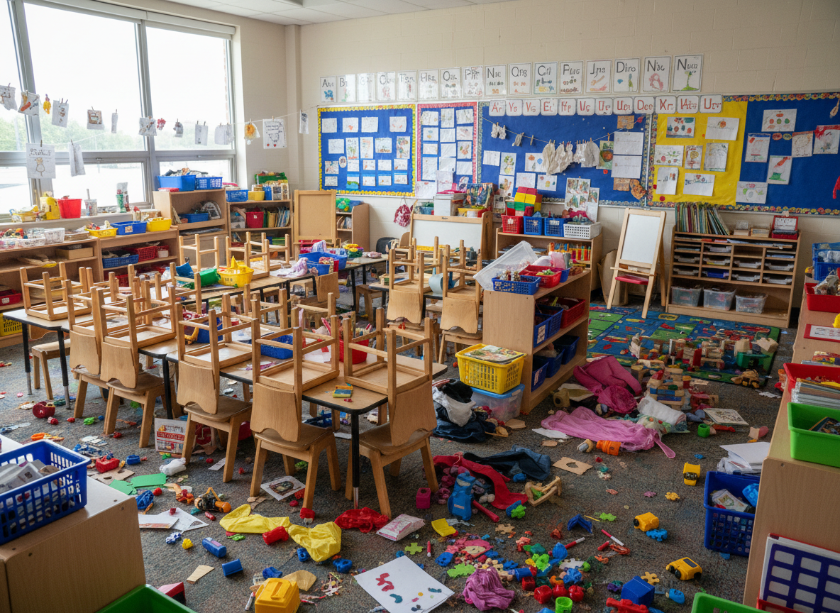 A crowded preschool classroom with blocked pathways, overflowing shelves, and materials piled together without clear zones