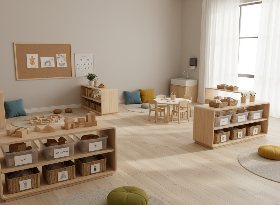 A well-organized preschool classroom with open pathways, clearly defined activity zones, and labeled materials on accessible low shelves