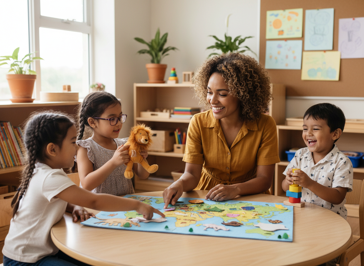 A happy teacher smiling with three young students around a table in a warm, inviting early childhood classroom