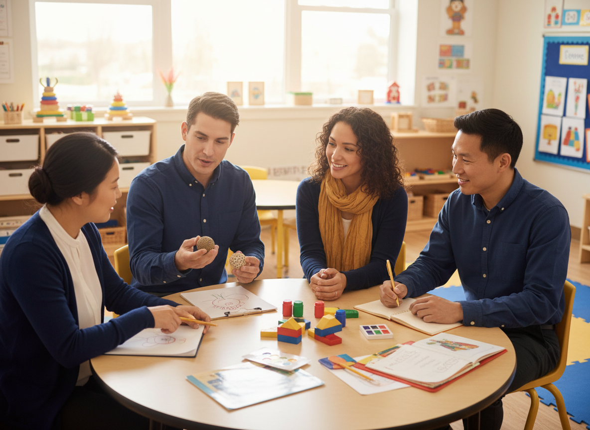 Culturally diverse early childhood educators collaborating in a preschool classroom