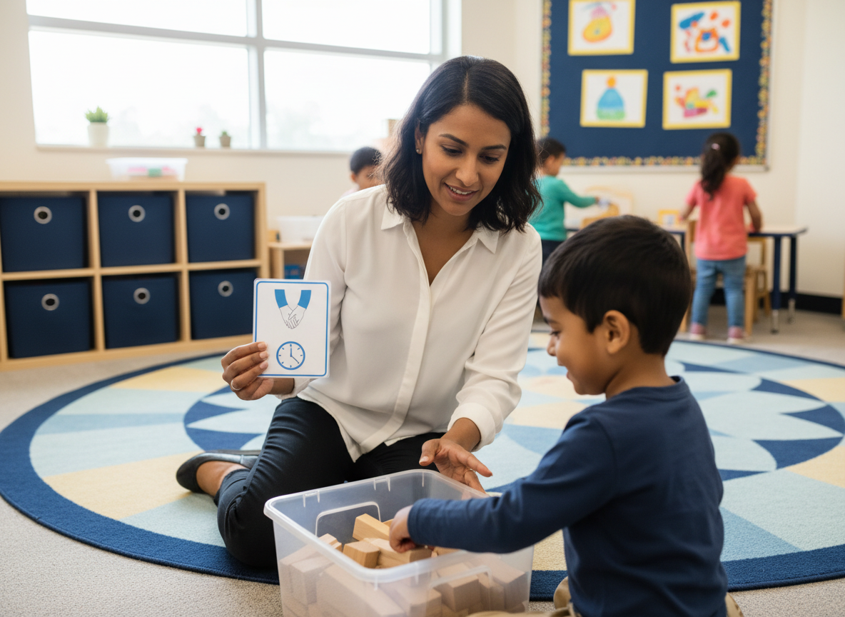 Culturally diverse educator supporting a child during a classroom routine with a visual cue