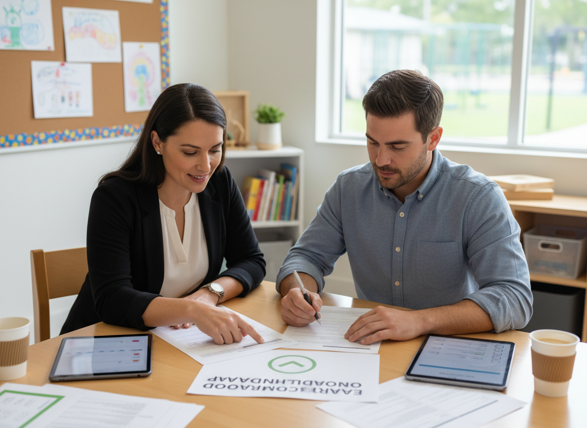 Director and teacher reviewing onboarding roadmap materials