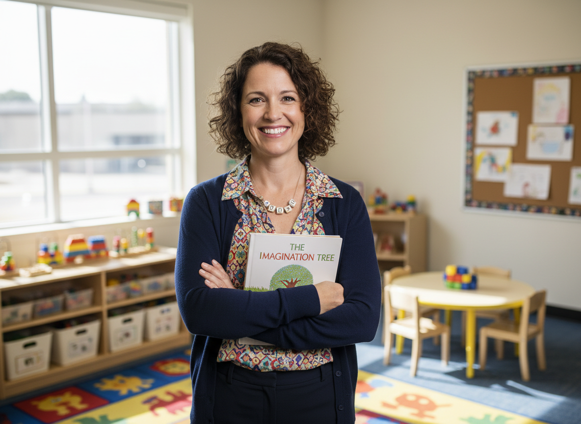 Happy, confident early childhood teacher in her classroom