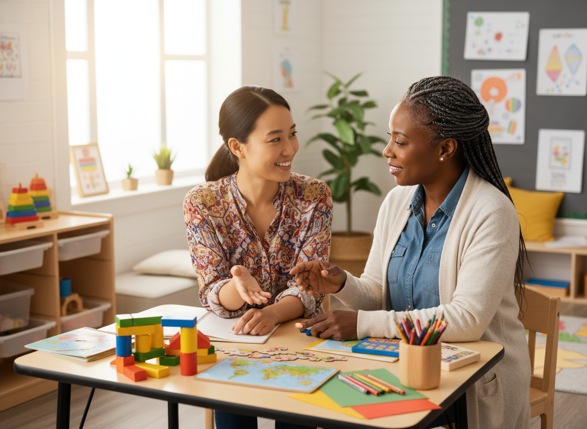 Mentor and new teacher collaborating in the classroom
