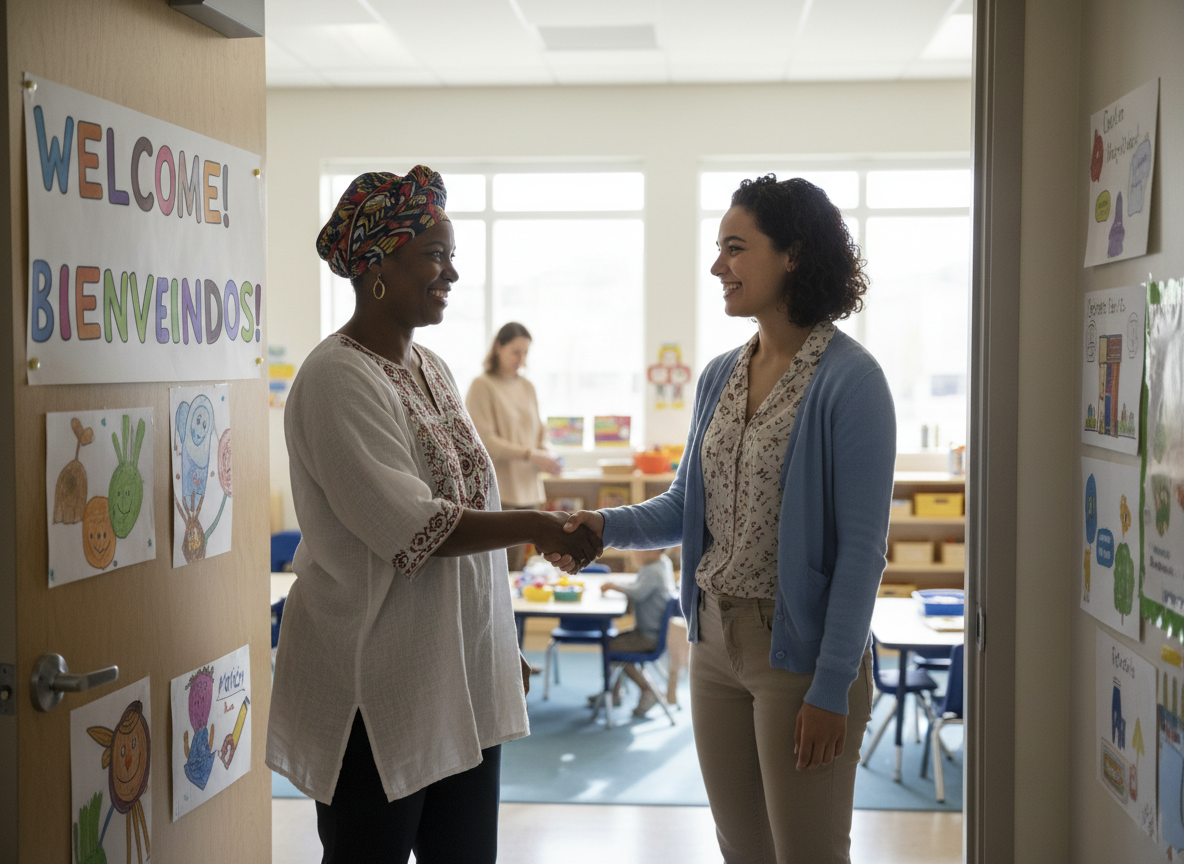Director welcoming a new teacher to the early childhood program